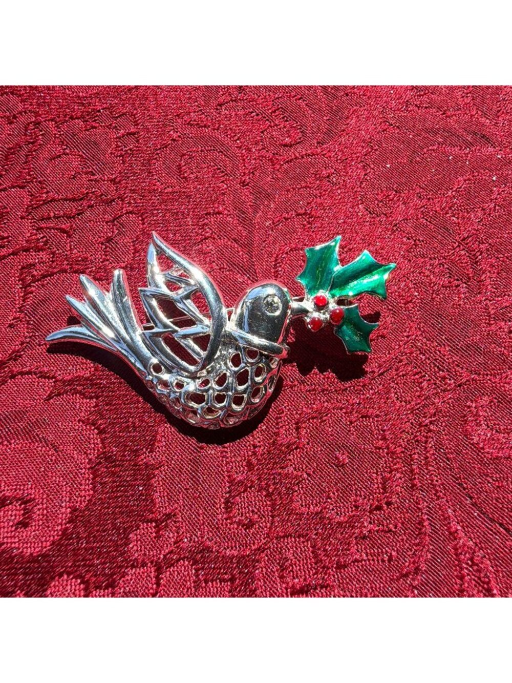 Vintage Peace Dove Brooch Pin Silver Tone Green Enamel Holly Berries Holiday 3"